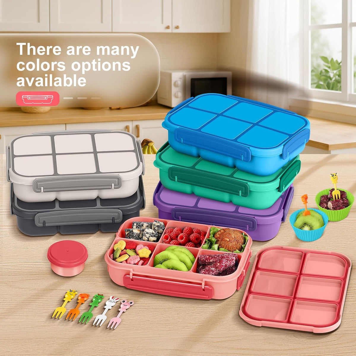 Lunch Box Kids Girls Boys,Bento Box Adult,Toddler Lunch Containers for School,Leakproof Snack Containers with 6 Compartments,Sauce Container,10 Food Picks and 4 Muffin Cups (Pink)