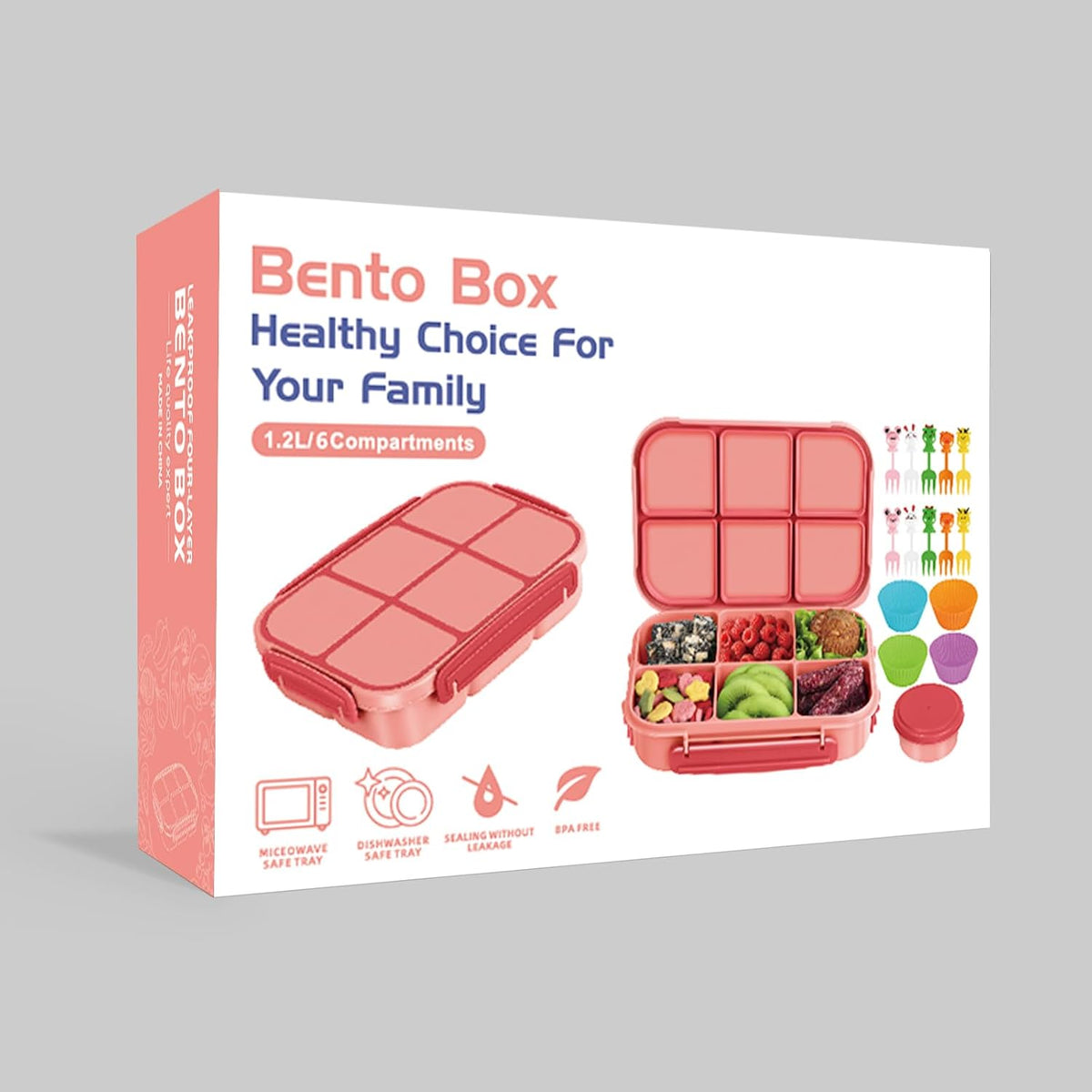 Lunch Box Kids Girls Boys,Bento Box Adult,Toddler Lunch Containers for School,Leakproof Snack Containers with 6 Compartments,Sauce Container,10 Food Picks and 4 Muffin Cups (Pink)