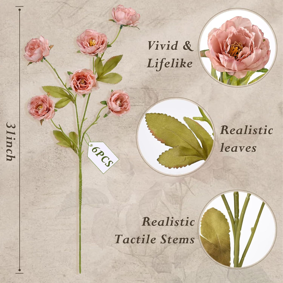 6 Pcs 31" Peonies Artificial Flowers, Real Look Large Faux Silk Flowers with 36 Blooms for DIY Wedding Centerpieces, Vase Filler, Rustic Home Decor - Pink