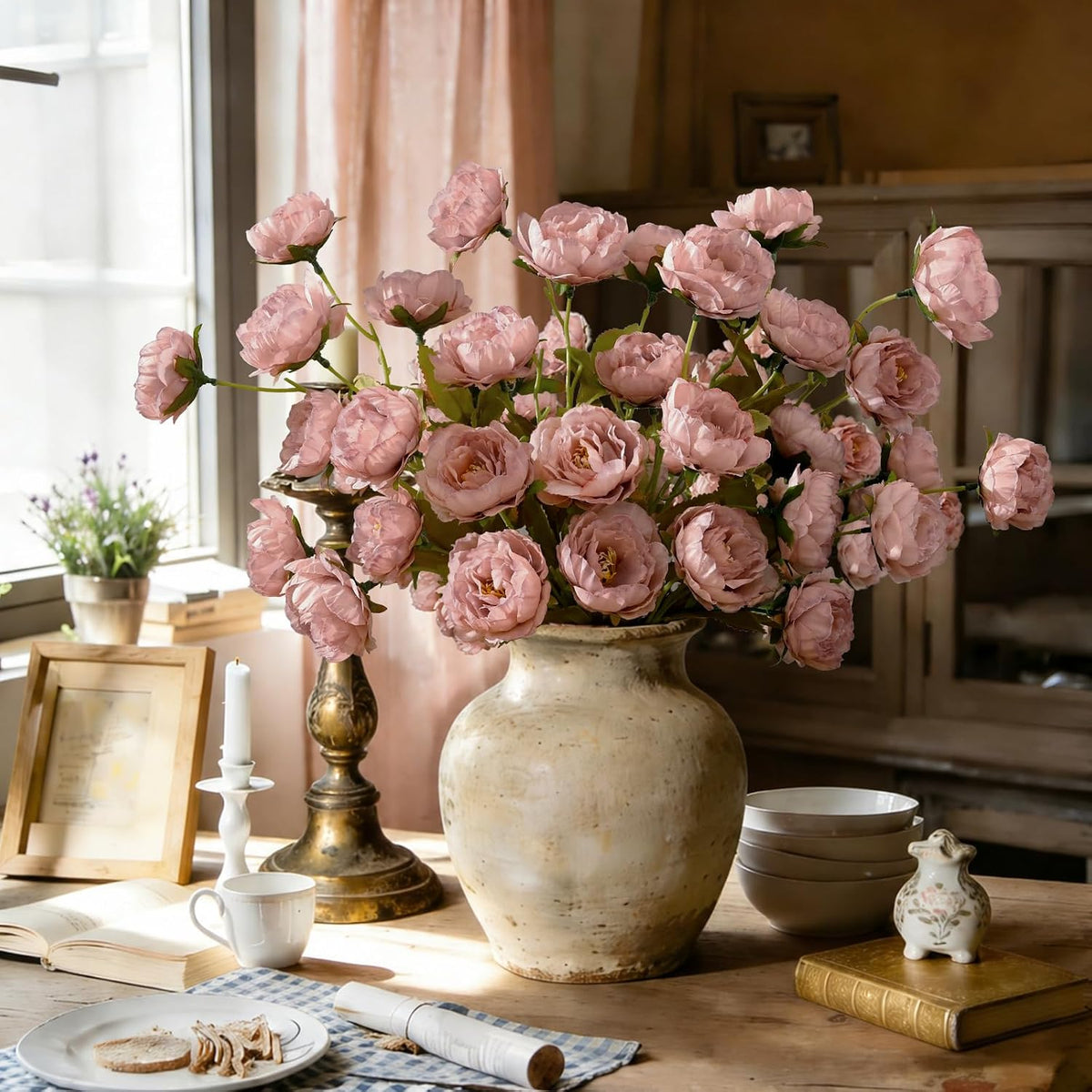6 Pcs 31" Peonies Artificial Flowers, Real Look Large Faux Silk Flowers with 36 Blooms for DIY Wedding Centerpieces, Vase Filler, Rustic Home Decor - Pink