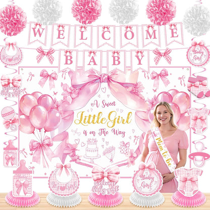 Pink Bow Baby Shower Decorations A Sweet Little Girl Is On Her Way Backdrop Banner Swirls Honeycomb Centerpieces Sash Paper Pom Poms Welcome Baby Girl Decor Kit Gender Reveal Bow Theme Party Supplies