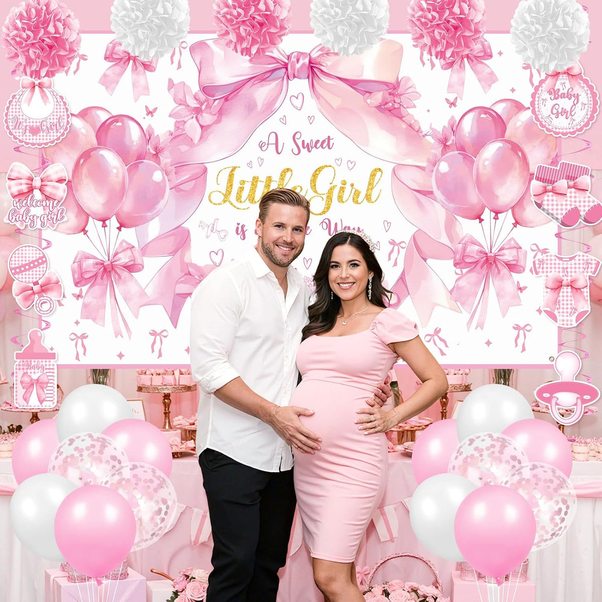 Pink Bow Baby Shower Decorations A Sweet Little Girl Is On Her Way Backdrop Banner Swirls Honeycomb Centerpieces Sash Paper Pom Poms Welcome Baby Girl Decor Kit Gender Reveal Bow Theme Party Supplies