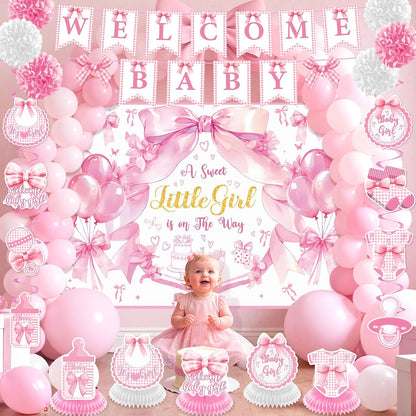 Pink Bow Baby Shower Decorations A Sweet Little Girl Is On Her Way Backdrop Banner Swirls Honeycomb Centerpieces Sash Paper Pom Poms Welcome Baby Girl Decor Kit Gender Reveal Bow Theme Party Supplies