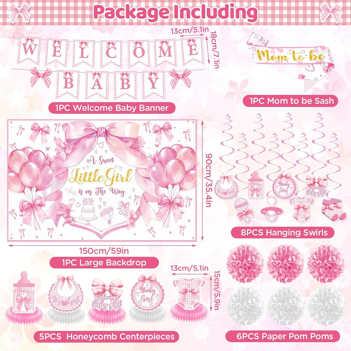 Pink Bow Baby Shower Decorations A Sweet Little Girl Is On Her Way Backdrop Banner Swirls Honeycomb Centerpieces Sash Paper Pom Poms Welcome Baby Girl Decor Kit Gender Reveal Bow Theme Party Supplies