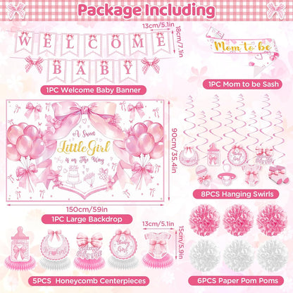 Pink Bow Baby Shower Decorations A Sweet Little Girl Is On Her Way Backdrop Banner Swirls Honeycomb Centerpieces Sash Paper Pom Poms Welcome Baby Girl Decor Kit Gender Reveal Bow Theme Party Supplies