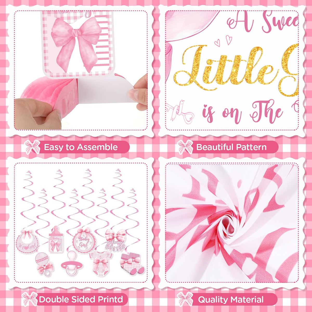 Pink Bow Baby Shower Decorations A Sweet Little Girl Is On Her Way Backdrop Banner Swirls Honeycomb Centerpieces Sash Paper Pom Poms Welcome Baby Girl Decor Kit Gender Reveal Bow Theme Party Supplies