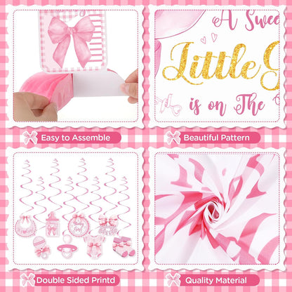 Pink Bow Baby Shower Decorations A Sweet Little Girl Is On Her Way Backdrop Banner Swirls Honeycomb Centerpieces Sash Paper Pom Poms Welcome Baby Girl Decor Kit Gender Reveal Bow Theme Party Supplies