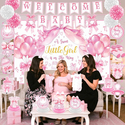 Pink Bow Baby Shower Decorations A Sweet Little Girl Is On Her Way Backdrop Banner Swirls Honeycomb Centerpieces Sash Paper Pom Poms Welcome Baby Girl Decor Kit Gender Reveal Bow Theme Party Supplies