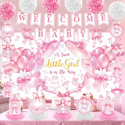 Pink Bow Baby Shower Decorations A Sweet Little Girl Is On Her Way Backdrop Banner Swirls Honeycomb Centerpieces Sash Paper Pom Poms Welcome Baby Girl Decor Kit Gender Reveal Bow Theme Party Supplies