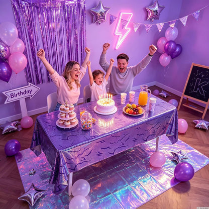 3PCS Demon Hunters Birthday Tablecloth Decorations, Purple Demon Energy Pattern Grad 9FT Tablecover Sparkling Holographic Laser Korean Idol Movie Decor for Kids’Party Birthday Graduation Bachelor