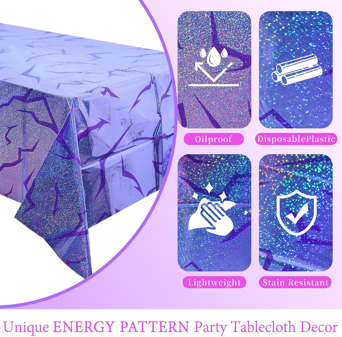 3PCS Demon Hunters Birthday Tablecloth Decorations, Purple Demon Energy Pattern Grad 9FT Tablecover Sparkling Holographic Laser Korean Idol Movie Decor for Kids’Party Birthday Graduation Bachelor