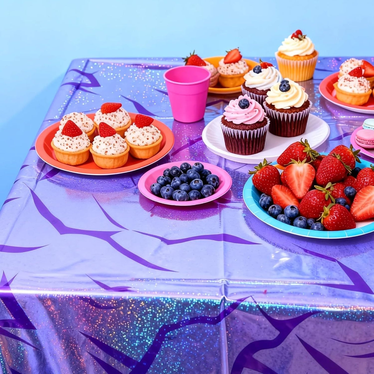3PCS Demon Hunters Birthday Tablecloth Decorations, Purple Demon Energy Pattern Grad 9FT Tablecover Sparkling Holographic Laser Korean Idol Movie Decor for Kids’Party Birthday Graduation Bachelor