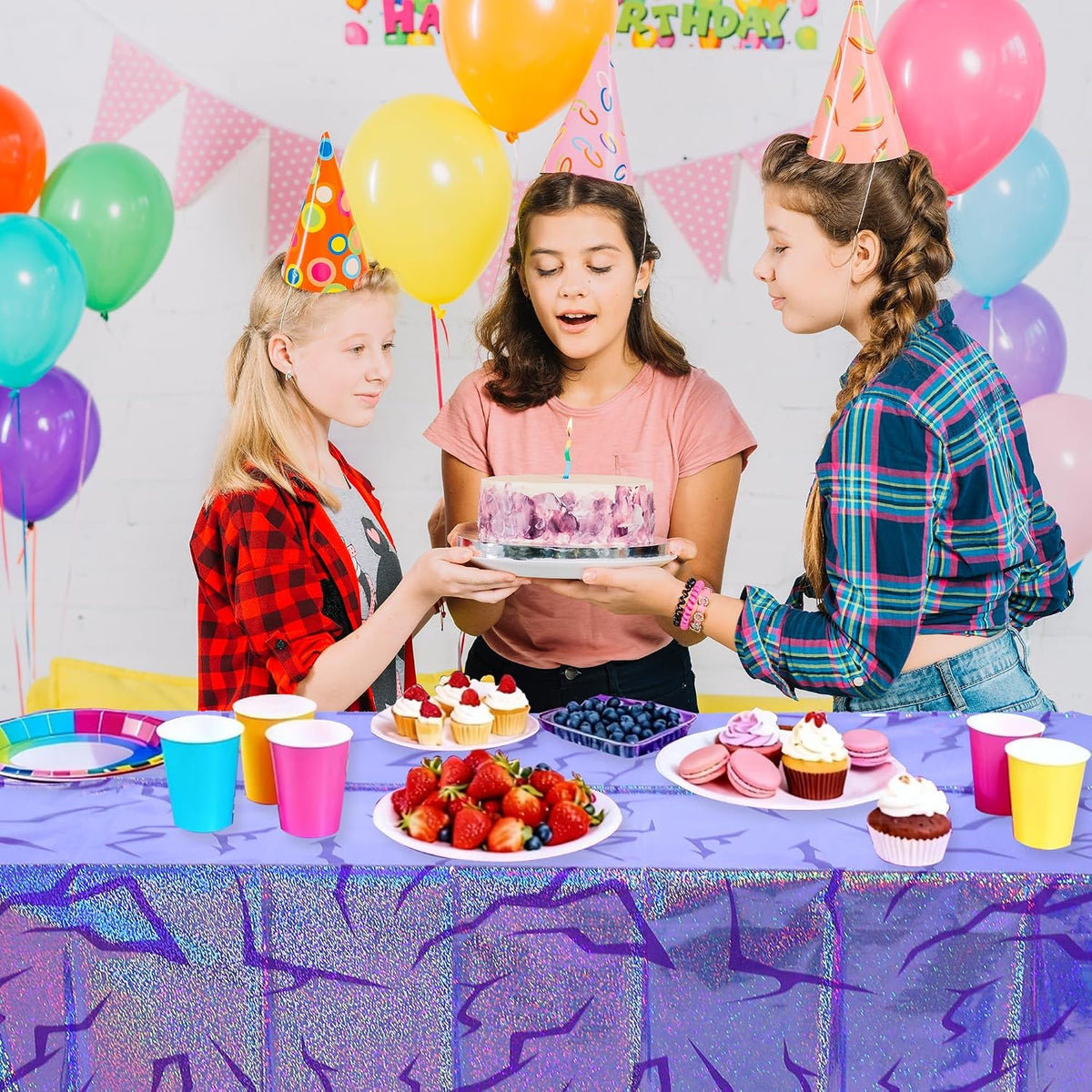 3PCS Demon Hunters Birthday Tablecloth Decorations, Purple Demon Energy Pattern Grad 9FT Tablecover Sparkling Holographic Laser Korean Idol Movie Decor for Kids’Party Birthday Graduation Bachelor