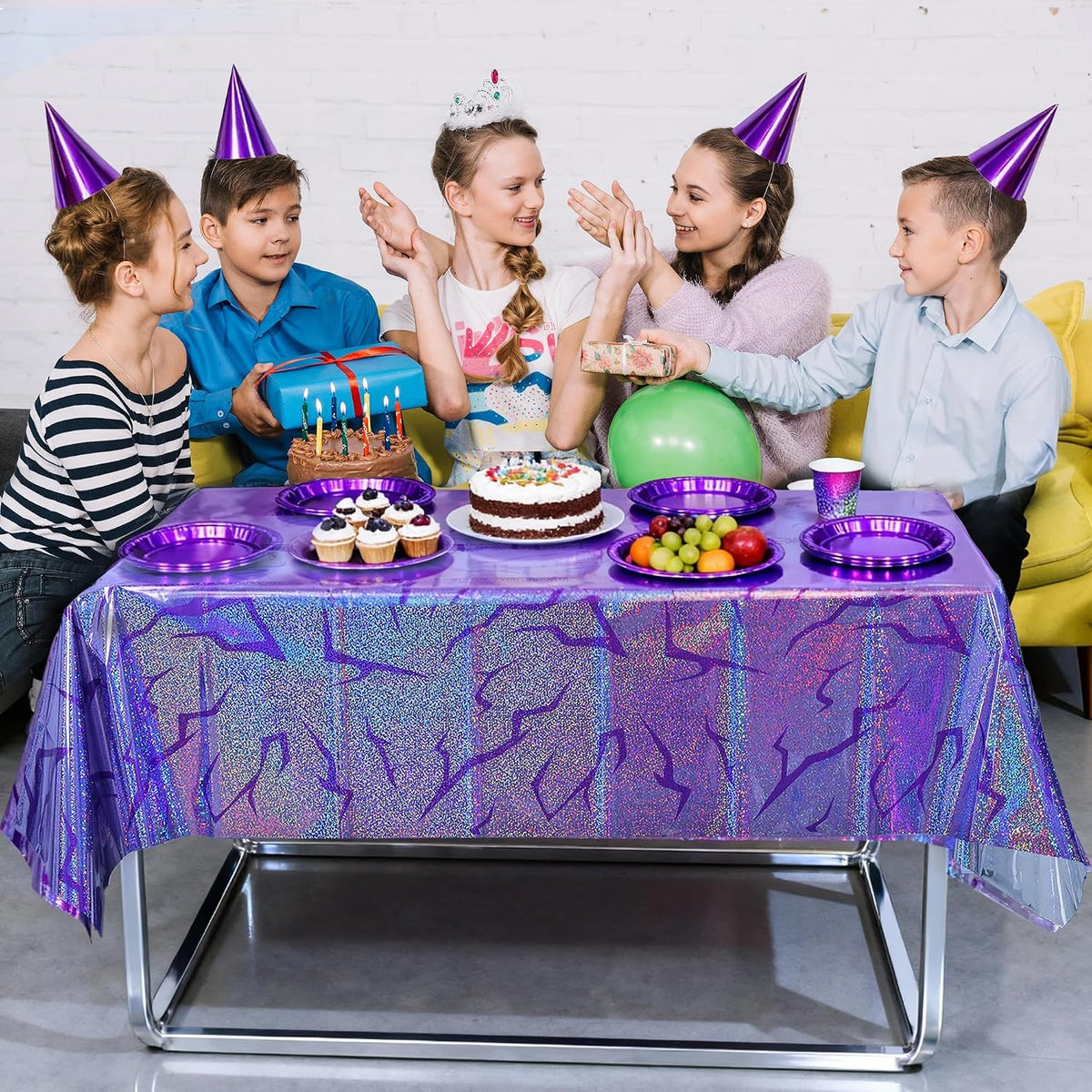 3PCS Demon Hunters Birthday Tablecloth Decorations, Purple Demon Energy Pattern Grad 9FT Tablecover Sparkling Holographic Laser Korean Idol Movie Decor for Kids’Party Birthday Graduation Bachelor