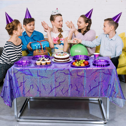 3PCS Demon Hunters Birthday Tablecloth Decorations, Purple Demon Energy Pattern Grad 9FT Tablecover Sparkling Holographic Laser Korean Idol Movie Decor for Kids’Party Birthday Graduation Bachelor