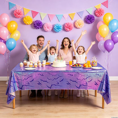 3PCS Demon Hunters Birthday Tablecloth Decorations, Purple Demon Energy Pattern Grad 9FT Tablecover Sparkling Holographic Laser Korean Idol Movie Decor for Kids’Party Birthday Graduation Bachelor