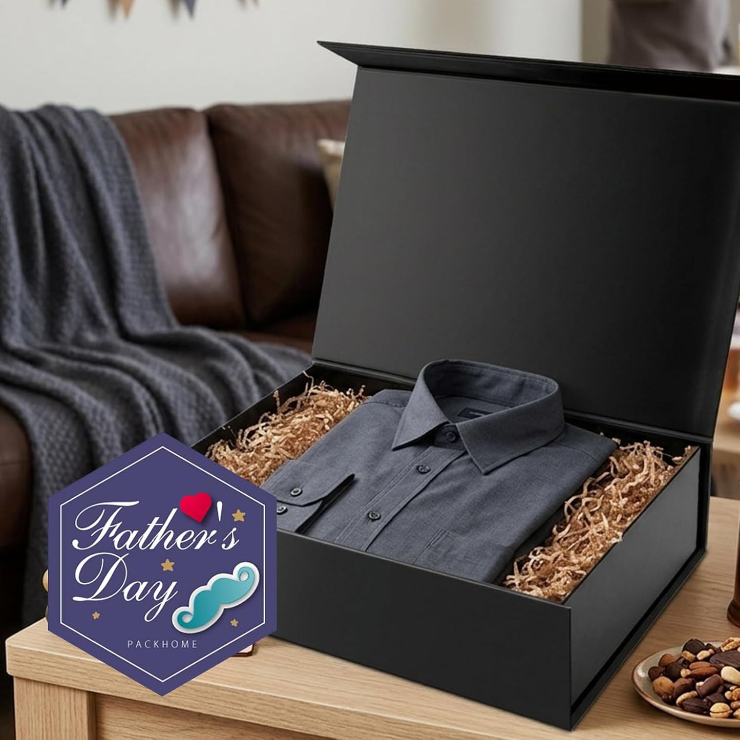 PACKHOME Extra Large Gift Box 17.5x11.3x4.3 Inches, Sturdy Shirt Box with Magnetic Lid for Clothes and Large Gifts (Glossy Black)