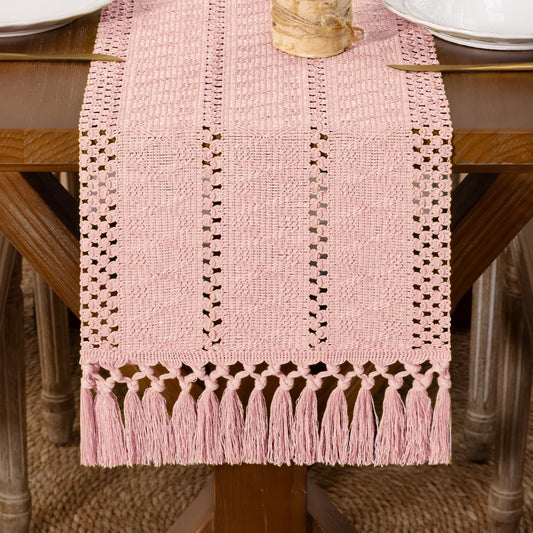 Boho Macrame Table Runner Spring Easter Farmhouse Woven Small Table Runner with Tassels 36 Inches Pink Cotton Linen Kitchen Table Decor for Dining Dresser Home Tea Table Decor