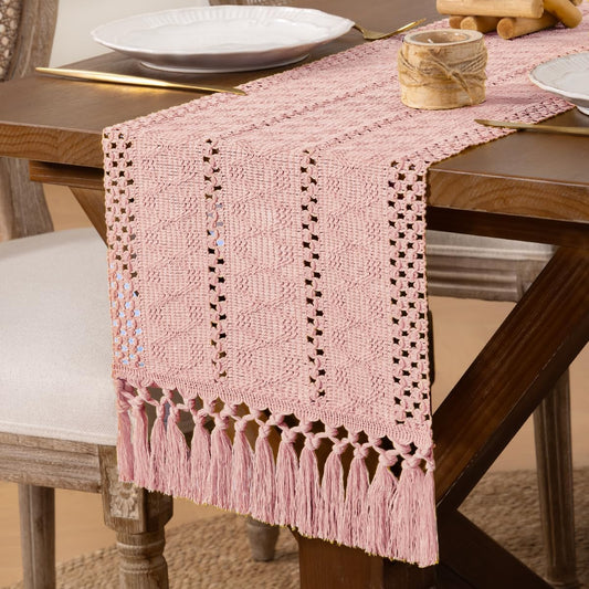 Boho Macrame Table Runner Spring Easter Farmhouse Woven Small Table Runner with Tassels 36 Inches Pink Cotton Linen Kitchen Table Decor for Dining Dresser Home Tea Table Decor
