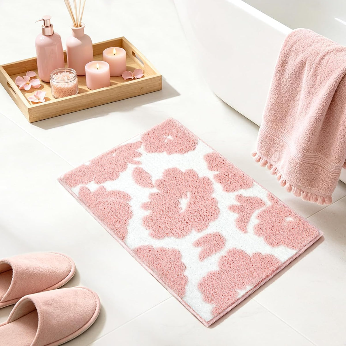Pink and White Bathroom Rug, Tufted Flower Bath Mat for Bathroom with Non Slip TPR Backing, Quick Dry Microfiber Surface, Soft and Super Water Absorbent Bath Rug, 24x16Inch