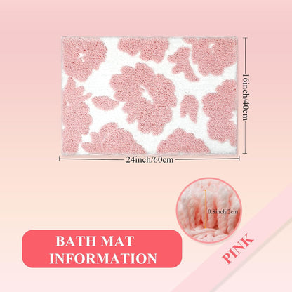 Pink and White Bathroom Rug, Tufted Flower Bath Mat for Bathroom with Non Slip TPR Backing, Quick Dry Microfiber Surface, Soft and Super Water Absorbent Bath Rug, 24x16Inch