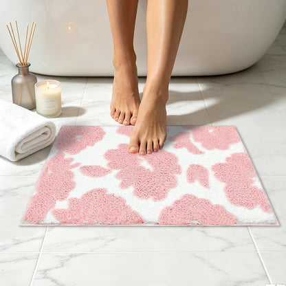Pink and White Bathroom Rug, Tufted Flower Bath Mat for Bathroom with Non Slip TPR Backing, Quick Dry Microfiber Surface, Soft and Super Water Absorbent Bath Rug, 24x16Inch