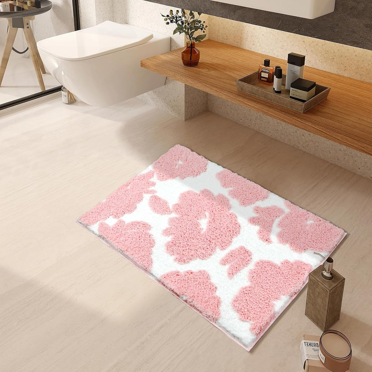 Pink and White Bathroom Rug, Tufted Flower Bath Mat for Bathroom with Non Slip TPR Backing, Quick Dry Microfiber Surface, Soft and Super Water Absorbent Bath Rug, 24x16Inch