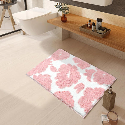 Pink and White Bathroom Rug, Tufted Flower Bath Mat for Bathroom with Non Slip TPR Backing, Quick Dry Microfiber Surface, Soft and Super Water Absorbent Bath Rug, 24x16Inch