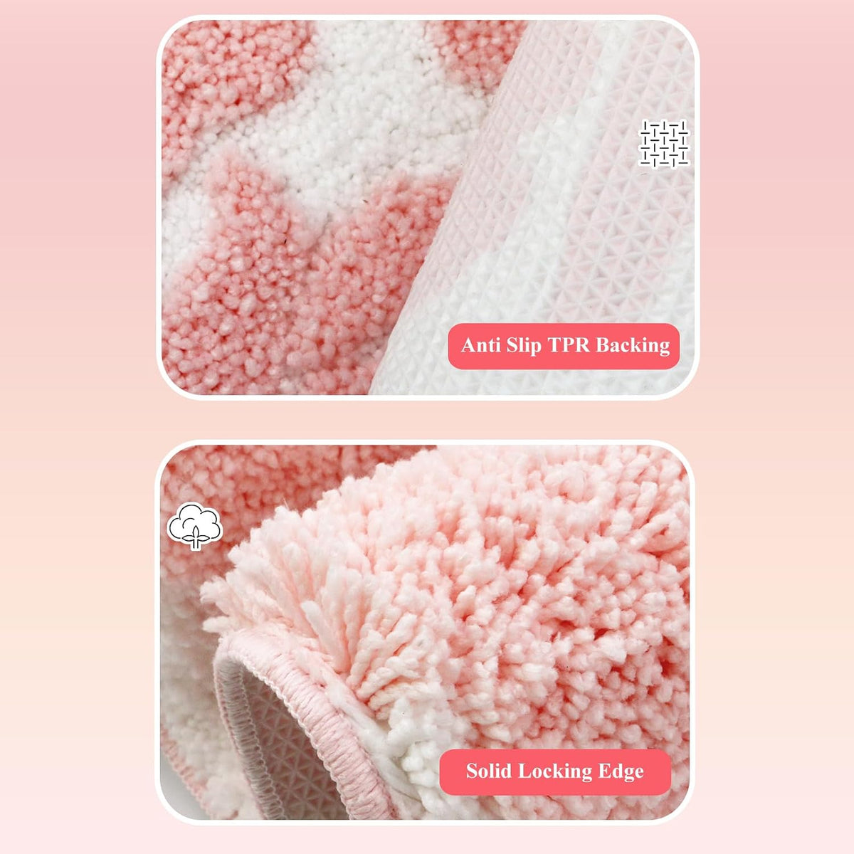 Pink and White Bathroom Rug, Tufted Flower Bath Mat for Bathroom with Non Slip TPR Backing, Quick Dry Microfiber Surface, Soft and Super Water Absorbent Bath Rug, 24x16Inch
