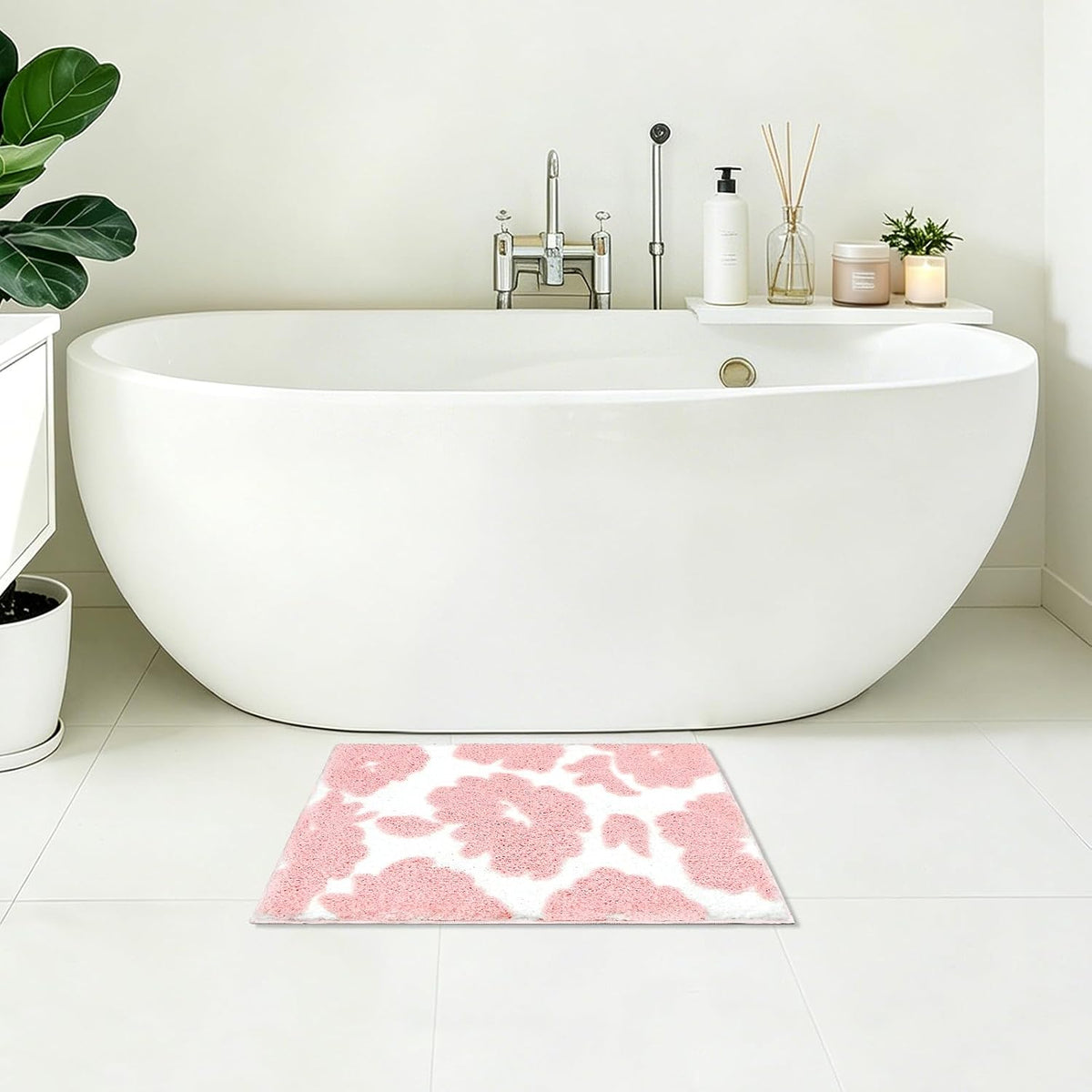 Pink and White Bathroom Rug, Tufted Flower Bath Mat for Bathroom with Non Slip TPR Backing, Quick Dry Microfiber Surface, Soft and Super Water Absorbent Bath Rug, 24x16Inch