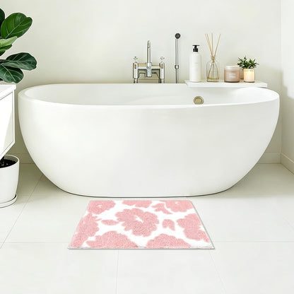 Pink and White Bathroom Rug, Tufted Flower Bath Mat for Bathroom with Non Slip TPR Backing, Quick Dry Microfiber Surface, Soft and Super Water Absorbent Bath Rug, 24x16Inch