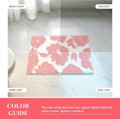 Pink and White Bathroom Rug, Tufted Flower Bath Mat for Bathroom with Non Slip TPR Backing, Quick Dry Microfiber Surface, Soft and Super Water Absorbent Bath Rug, 24x16Inch