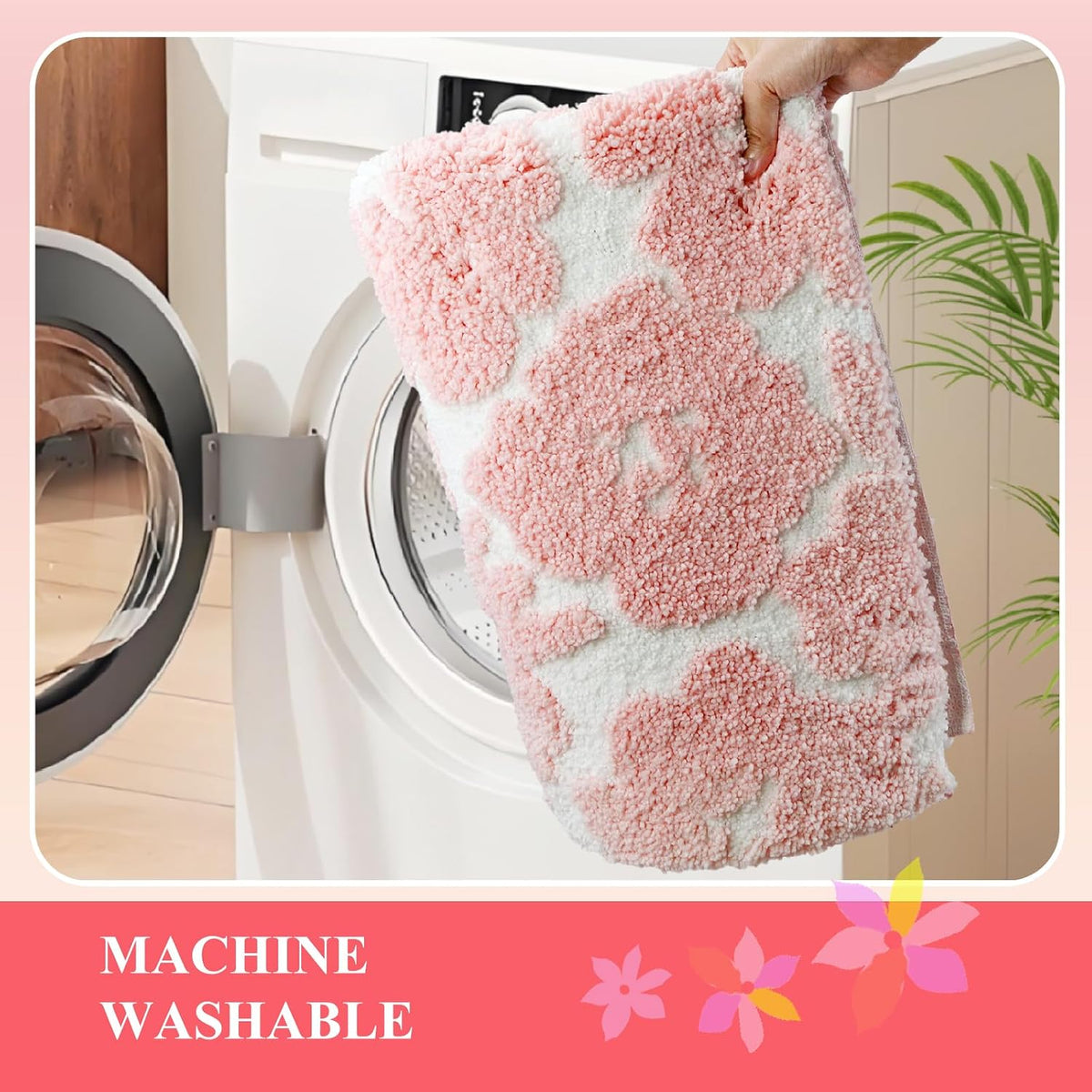 Pink and White Bathroom Rug, Tufted Flower Bath Mat for Bathroom with Non Slip TPR Backing, Quick Dry Microfiber Surface, Soft and Super Water Absorbent Bath Rug, 24x16Inch