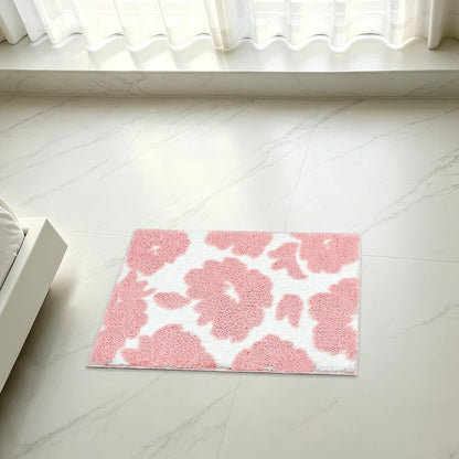 Pink and White Bathroom Rug, Tufted Flower Bath Mat for Bathroom with Non Slip TPR Backing, Quick Dry Microfiber Surface, Soft and Super Water Absorbent Bath Rug, 24x16Inch