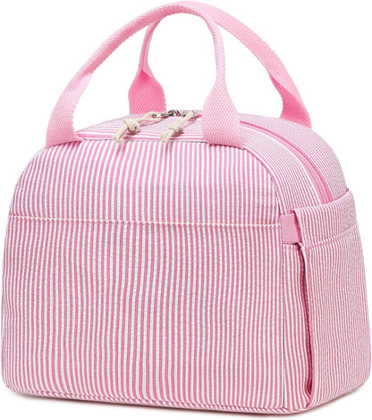 Lunch Box for Women Cute Lunch Bag Reusable Insulated Lunch Bags Large Capacity Lunchbox Cooler for Work Picnic or Travel Gifts (Pink White Vertical Stripes, 10 x 7.5 x 8 inches)