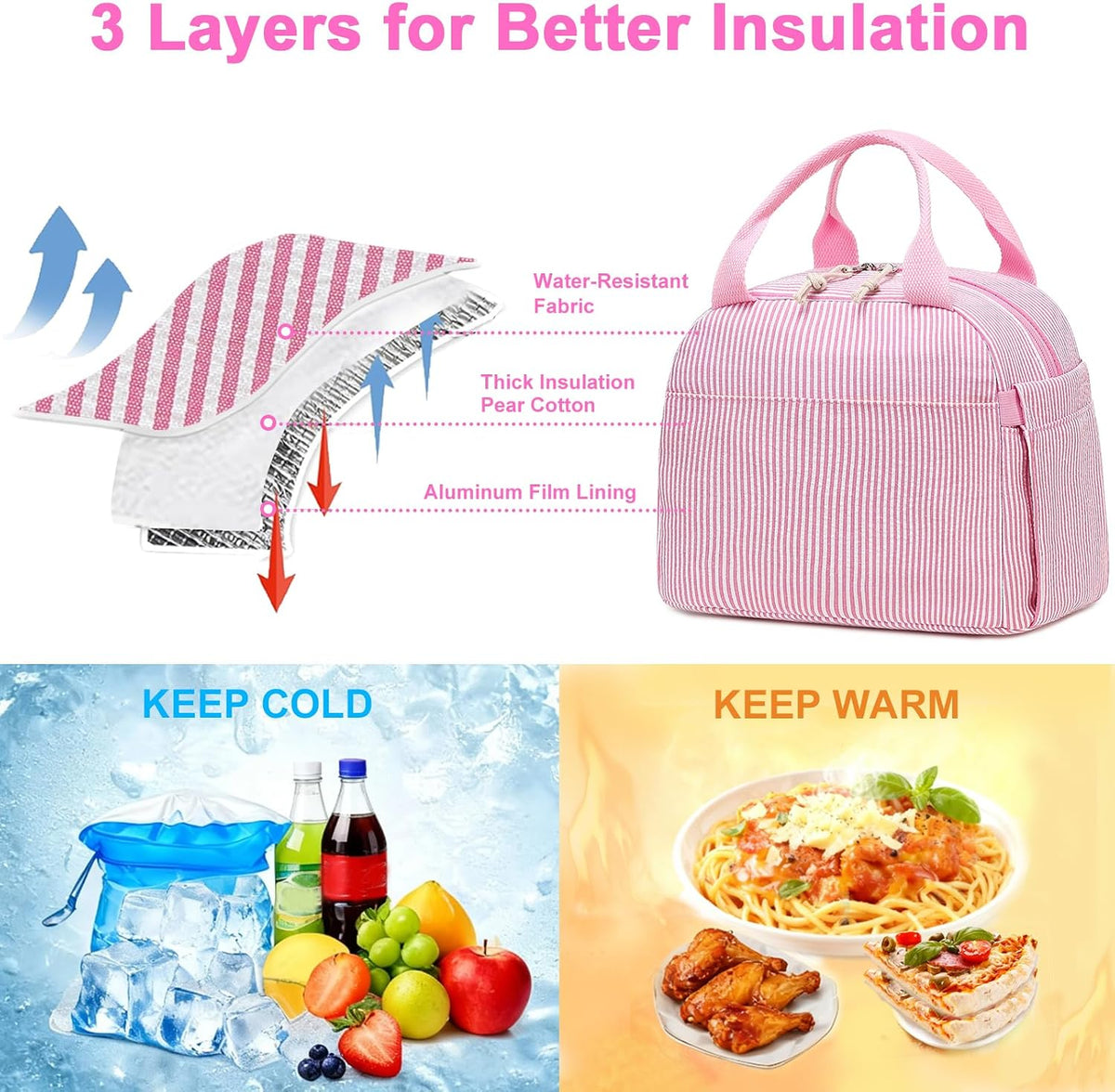 Lunch Box for Women Cute Lunch Bag Reusable Insulated Lunch Bags Large Capacity Lunchbox Cooler for Work Picnic or Travel Gifts (Pink White Vertical Stripes, 10 x 7.5 x 8 inches)