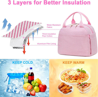 Lunch Box for Women Cute Lunch Bag Reusable Insulated Lunch Bags Large Capacity Lunchbox Cooler for Work Picnic or Travel Gifts (Pink White Vertical Stripes, 10 x 7.5 x 8 inches)