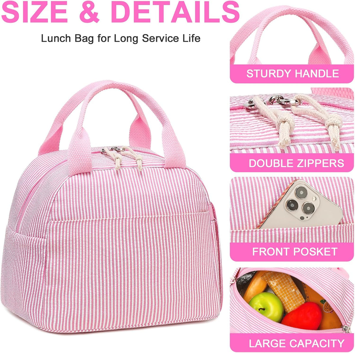 Lunch Box for Women Cute Lunch Bag Reusable Insulated Lunch Bags Large Capacity Lunchbox Cooler for Work Picnic or Travel Gifts (Pink White Vertical Stripes, 10 x 7.5 x 8 inches)