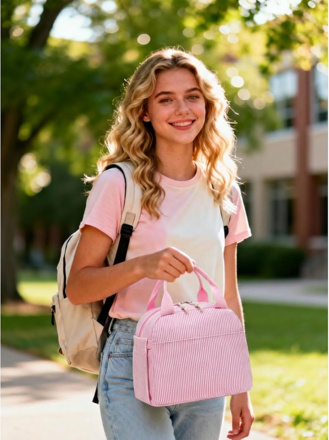 Lunch Box for Women Cute Lunch Bag Reusable Insulated Lunch Bags Large Capacity Lunchbox Cooler for Work Picnic or Travel Gifts (Pink White Vertical Stripes, 10 x 7.5 x 8 inches)