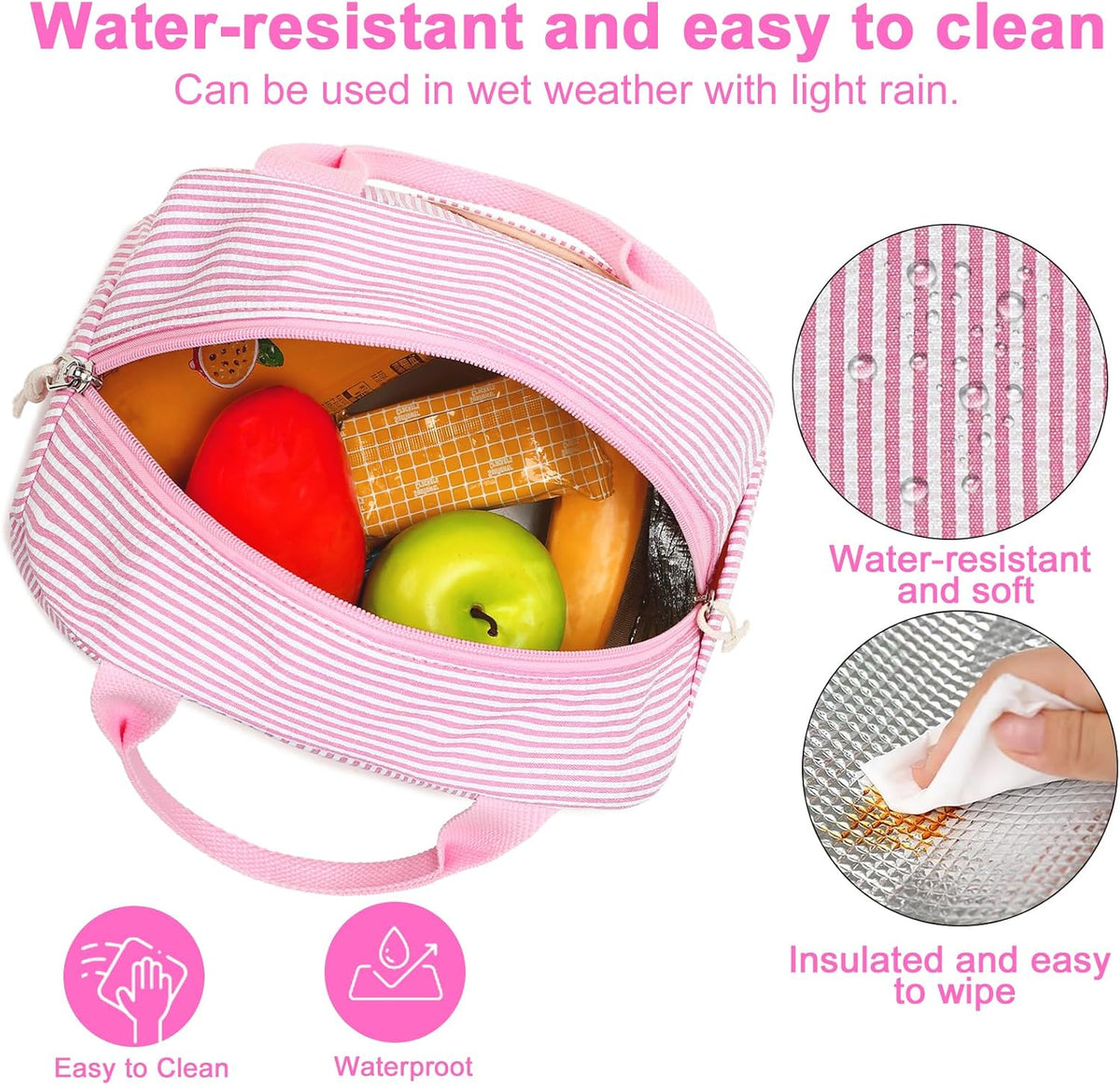 Lunch Box for Women Cute Lunch Bag Reusable Insulated Lunch Bags Large Capacity Lunchbox Cooler for Work Picnic or Travel Gifts (Pink White Vertical Stripes, 10 x 7.5 x 8 inches)
