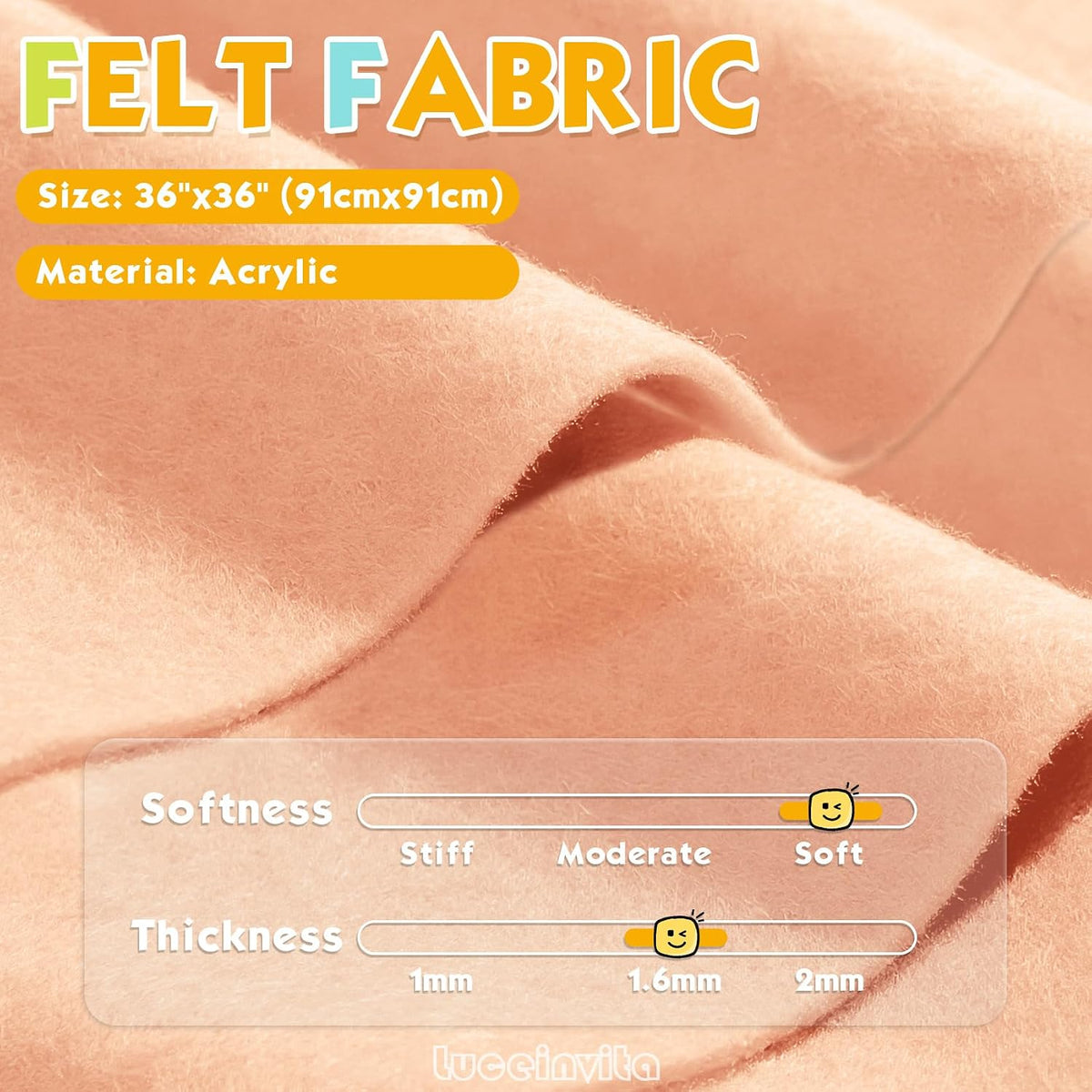 Peach 36" X 36" Felt Fabric Sheet - 1.6mm Thickness