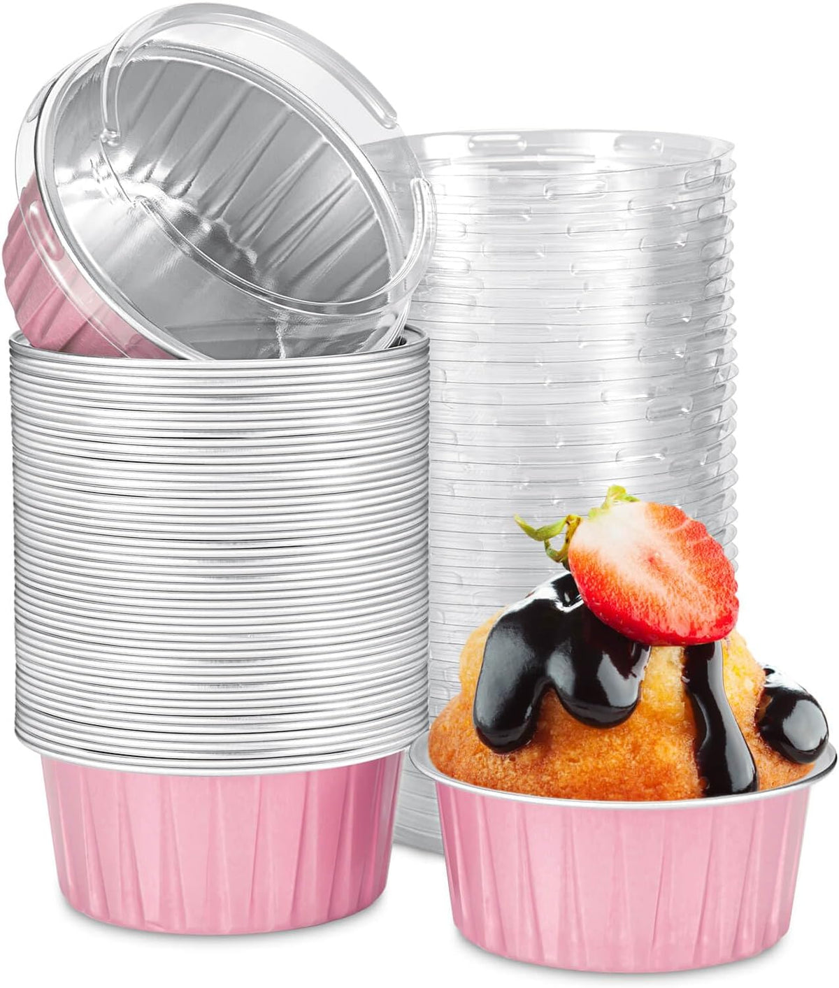 50pcs Mini Aluminum Foil Baking Cups with Lids 5oz, Light Pink