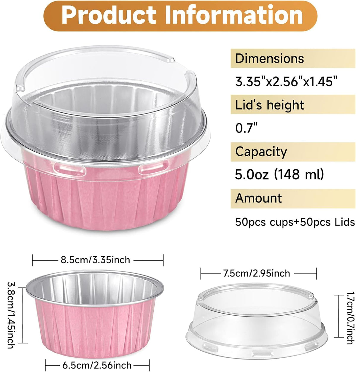 50pcs Mini Aluminum Foil Baking Cups with Lids 5oz, Light Pink