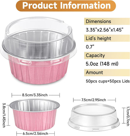 50pcs Mini Aluminum Foil Baking Cups with Lids 5oz, Light Pink