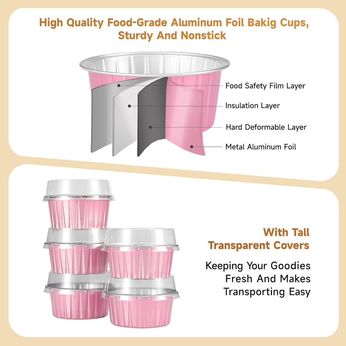 50pcs Mini Aluminum Foil Baking Cups with Lids 5oz, Light Pink