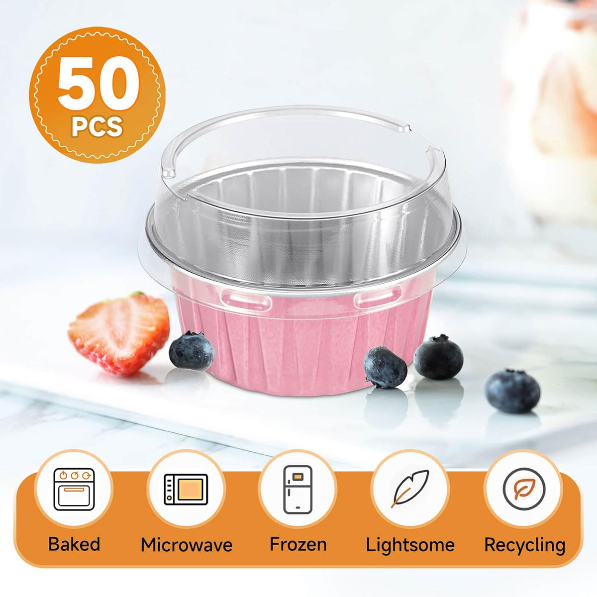 50pcs Mini Aluminum Foil Baking Cups with Lids 5oz, Light Pink