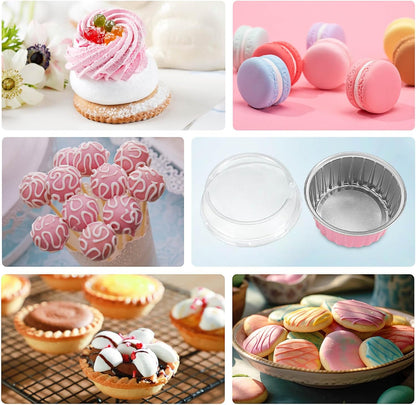 50pcs Mini Aluminum Foil Baking Cups with Lids 5oz, Light Pink