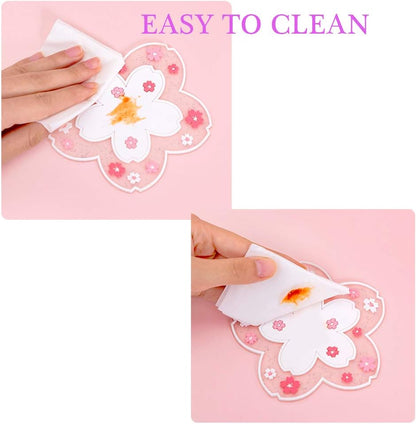 Sakura Coffee Cup Mat Kawaii Coaster 2PCS Cute Cherry Blossom PVC Home Tea Mug Pink Flower Pattern Anti-Skid Pot Bowl Pad Placemat for Desk Drink Table Decor Kawaii Accessories (Small)
