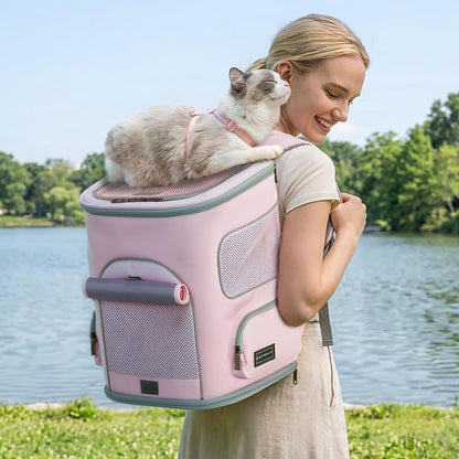 Pet Carrier Backpack with Upgraded Waist Protection, Cat Carrier Backpack Designed for Small Dogs/Cats, Fully Ventilated Collapsible Dog Backpack for Outdoor Traveling Hiking Camping, Pink