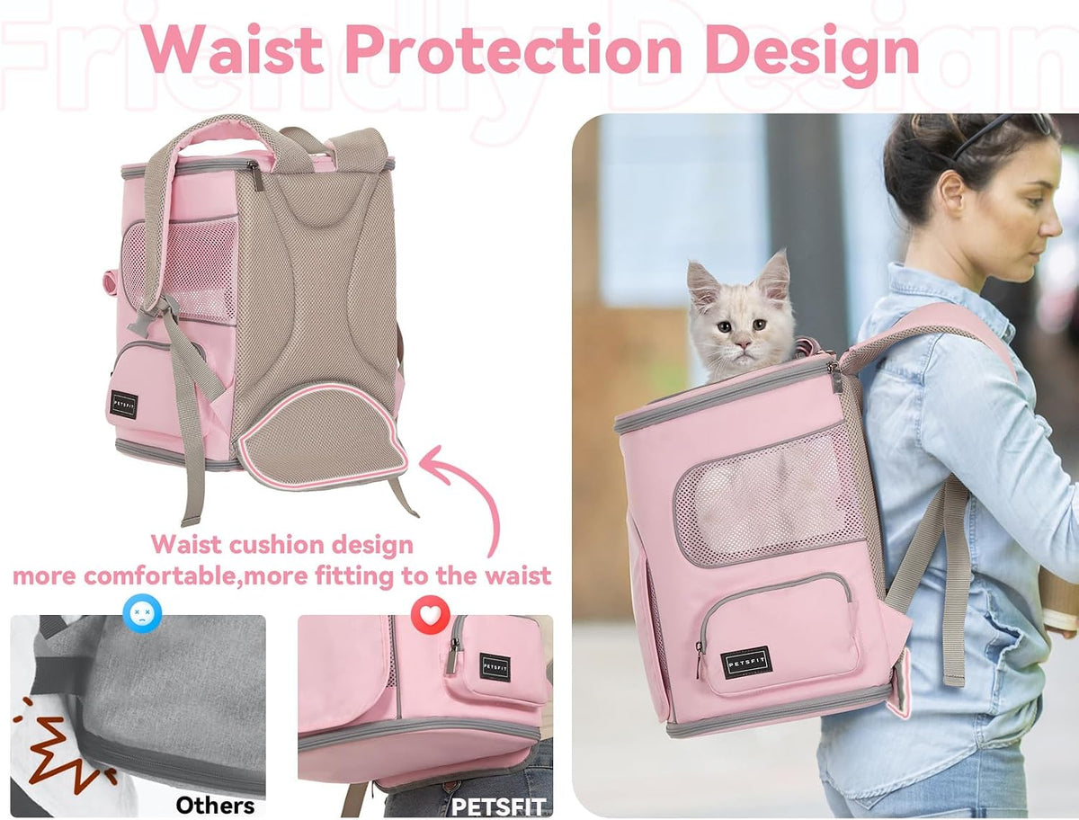 Pet Carrier Backpack with Upgraded Waist Protection, Cat Carrier Backpack Designed for Small Dogs/Cats, Fully Ventilated Collapsible Dog Backpack for Outdoor Traveling Hiking Camping, Pink